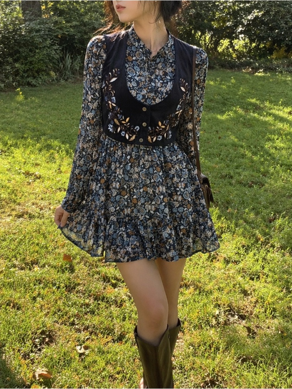 BCX Floral Mini Dress with Velvet Embroidered Vest Women XS S Girls XL 16 Boho